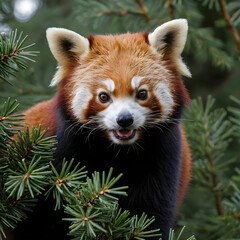 Obraz premium Closeup shot of a red panda on a fir tree in the wild