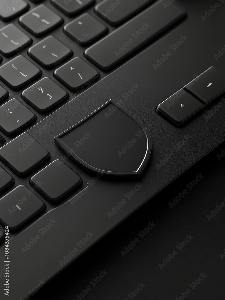 Poster A sleek black keyboard with a prominent shield icon emphasizes security measures in digital communication and technology. Generative AI