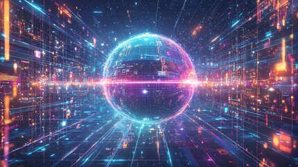 Obraz premium A futuristic planet with neon lights and holographic elements, floating in the center of an empty space surrounded by digital screens and glowing lines. The scene is filled with energy and excitement