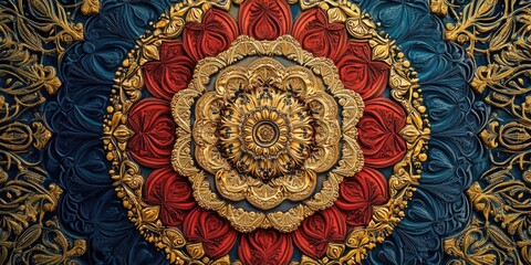 Intricate mandala design featuring floral patterns in rich colors and gold accents.