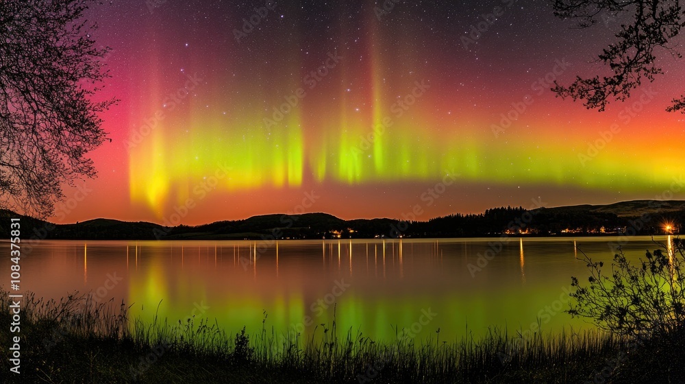 Poster here's a caption and keywords for your stock photo.. vibrant aurora borealis reflected in a calm lak