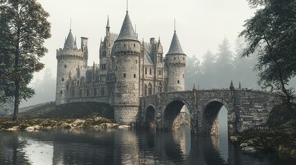 Fototapeta premium Historic Gothic Revival Castle in Misty Surroundings
