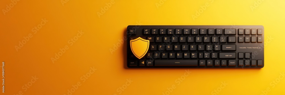 Leinwandbilder a sleek black computer keyboard sits on a vibrant yellow background, featuring a shield icon to emph