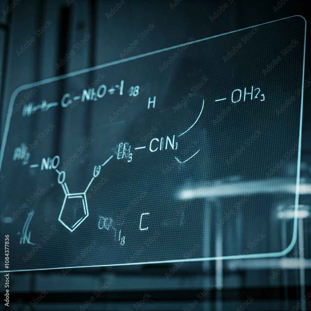 Poster a complex chemical formula displayed on a digital screen in a laboratory setting