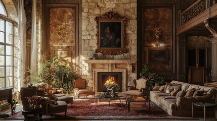 Obraz premium Luxurious Living Room with Exposed Stone Walls