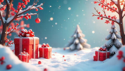 Festive winter wonderland scene with gift boxes and snowy trees cozy holiday environment captivating 3d rendered viewpoint for christmas inspiration