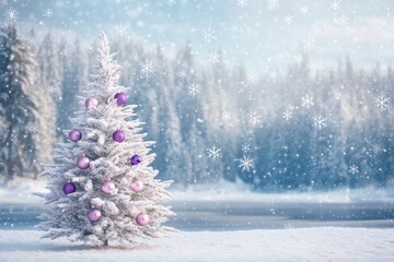 Snow-covered christmas tree with purple ornaments in winter wonderland.