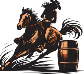 A cowgirl riding a  horse in a barrel racing competition