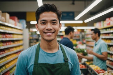 Naklejka premium Close portrait of a smiling young Malaysian male grocer standing and looking at the camera, Malaysian grocery store blurred background
