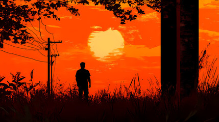 Silhouette of a person in the sunset constrution. Melancholy. Illustration