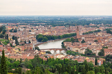 Obraz premium a beautiful, stunning unique panoramic view from the top of the Santuario della Madonna di Lourdes church at a steep hill in Verona, italy