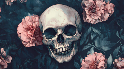 Skull and flowers. Melancholy. Illustration