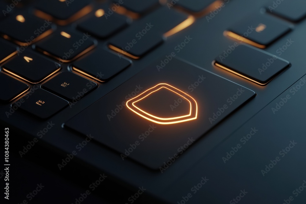 Poster A glowing shield icon stands out on the keyboard, signifying essential cybersecurity measures protecting digital information systems. Generative AI