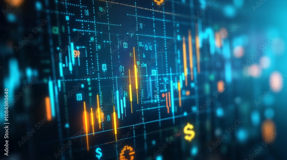 Poster an abstract finance background featuring a growth chart with fluctuating lines, surrounded by curren