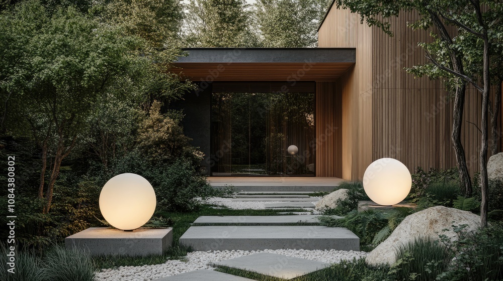 Poster here's a possible and keyword list for your stock photo.. modern home entrance with illuminated path