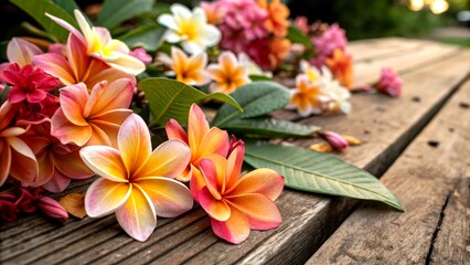 A Colorful Arrangement of Blossoms on a Rustic Wooden Surface Showcasing Nature's Artistry in Vibrant Hues of Pink, Orange, and Yellow for a Captivating Visual Experience