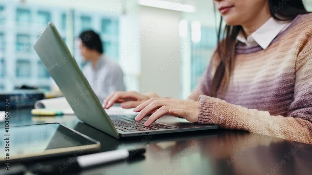 Aufkleber student, laptop and hands with education notes at university with woman, study and thesis writing. c