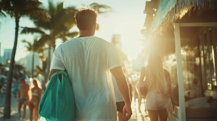 A man enjoys a leisurely walk under the bright sun on a sandy beach, carrying a towel, signifying relaxation and summer vibes, surrounded by vacationers.