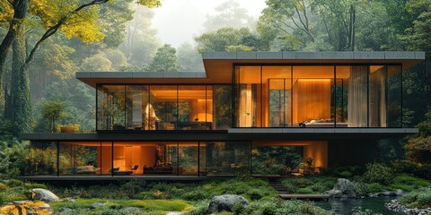 Fototapeta premium Modern house with large windows overlooking a lush green forest.