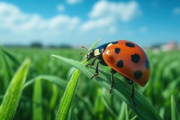 Fototapeta premium macro lens photography capturing a vibrant ladybug perched on a green paddy plant, showcasing intricate details and colors that bring the natural world to life