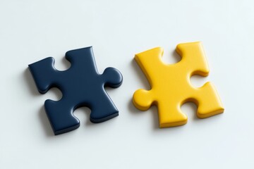 Obraz premium Blue and Yellow Puzzle Pieces on White Background: Symbolizing Connection and Collaboration in Modern Stock Photography
