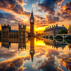 Fototapeta premium reflection of big ben in city at sunset