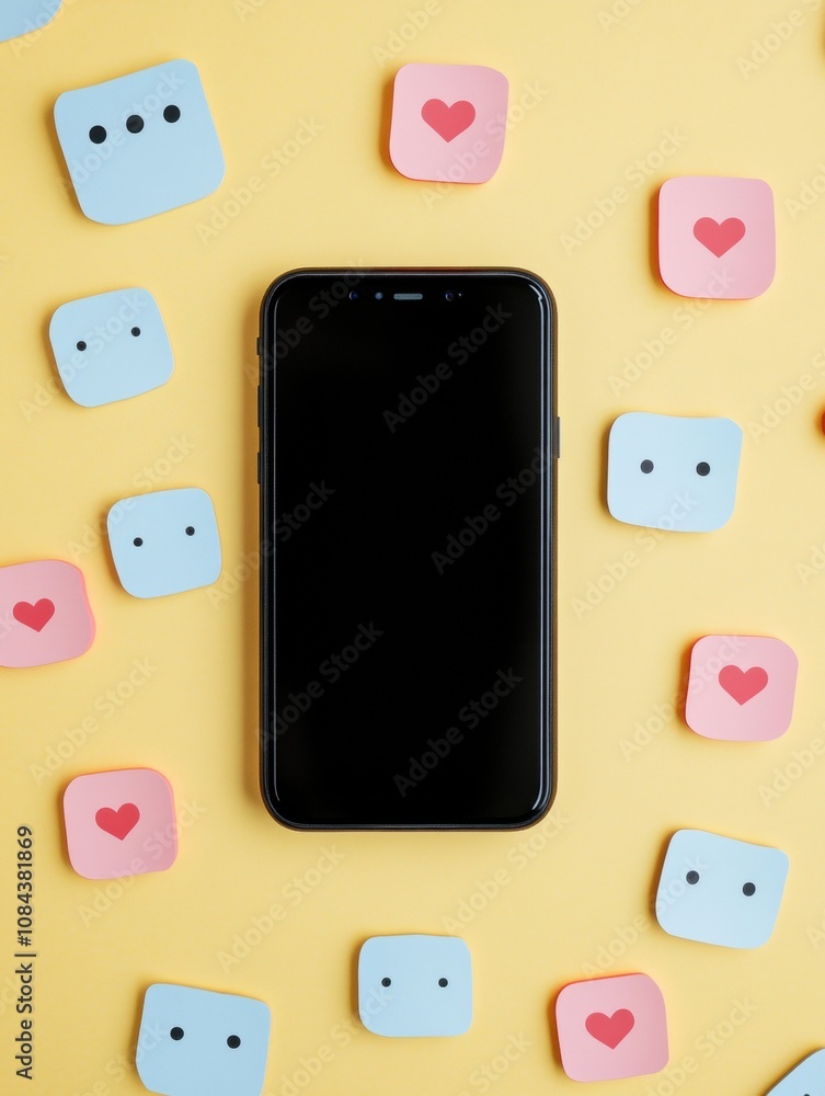 Poster a smartphone sits on a vibrant yellow background, surrounded by colorful pop-up icons representing n