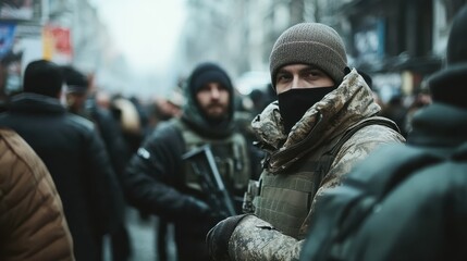 Fototapeta premium An armed soldier dressed in camouflage stands alert in a bustling urban environment, surrounded by people in winter clothing, creating a tense atmosphere.