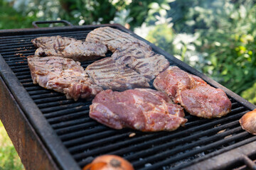 Juicy pork steaks grilling on a barbecue with smoky flavors onions, surrounded by a rustic outdoor...