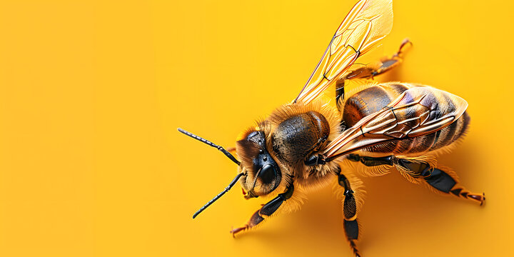 Macro Shot of a Honeybee on a Bright Yellow Background
