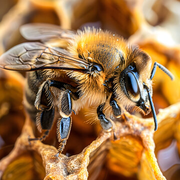Macro View of a Honeybee on a Honeycomb