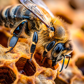 Macro Shot of a Honeybee Collecting Nectar on a Honeycomb