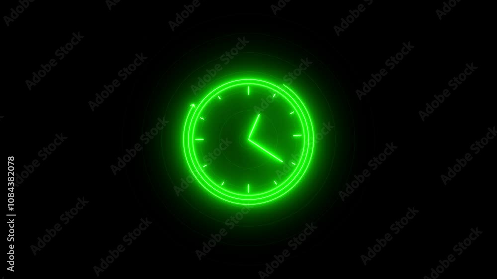 Poster neon light analog clock isolated animated on black background. glowing neon clock icon.