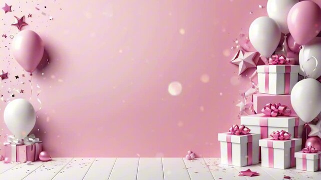 Pink and white balloons are floating over a stack of gift boxes decorated with ribbons and confetti on a pink background with copy space, creating a festive atmosphere.