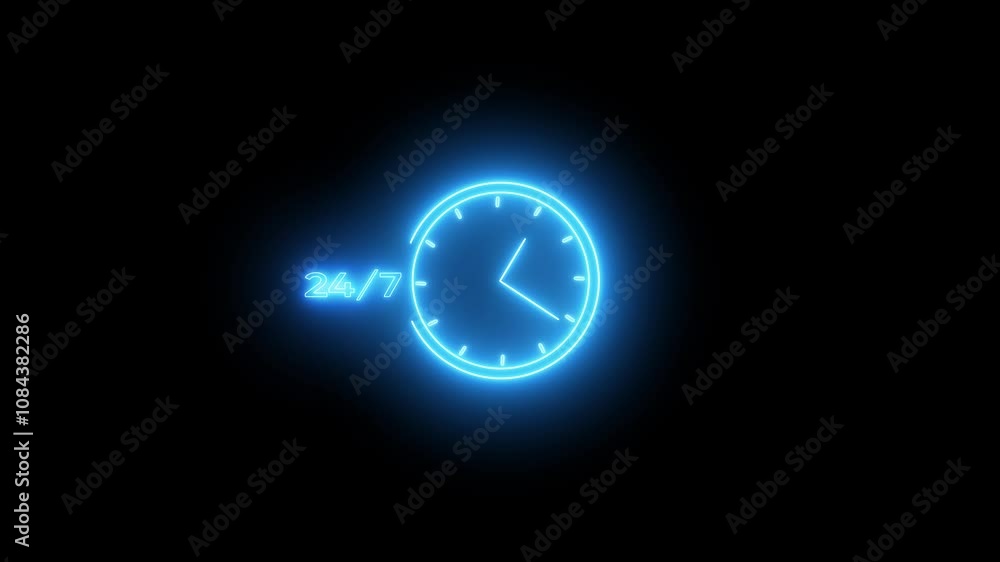Poster glowing neon line clock 24 hours icon isolated on black background. all day cyclic icon. 24 hours se
