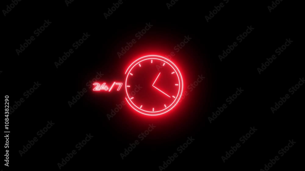Poster glowing neon line clock 24 hours icon isolated on black background. all day cyclic icon. 24 hours se