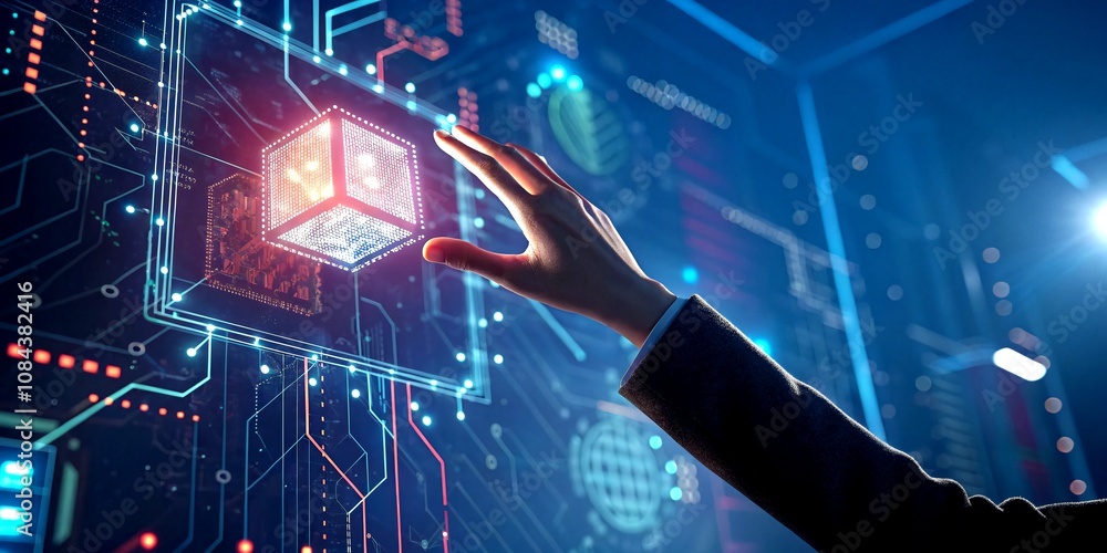 Poster a futuristic hand interacting with a glowing digital cube in a high-tech environment, representing i
