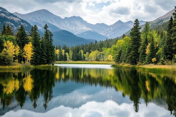 Serene mountain landscape with a reflective lake and vibrant autumn foliage.