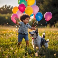 Enfant Heureux Jouant avec un Chien et des Ballons dans un Champ ensoleillé