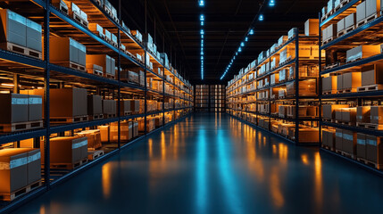 Industrial warehouse interior with high shelves filled with brown cardboard boxes and wooden pallets under blue overhead lighting