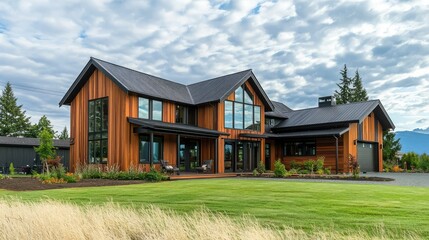 Obraz premium Modern Farmhouse Exterior with Sleek Wooden Panels
