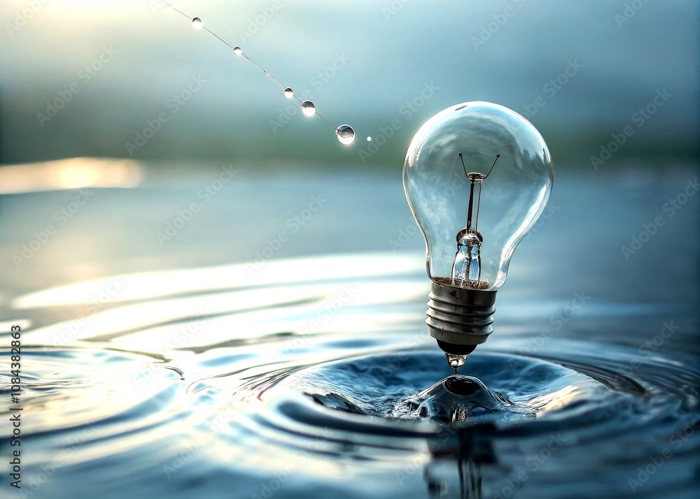 Poster a light bulb floating in a water drop: a surreal representation of ideas and innovation with ample c