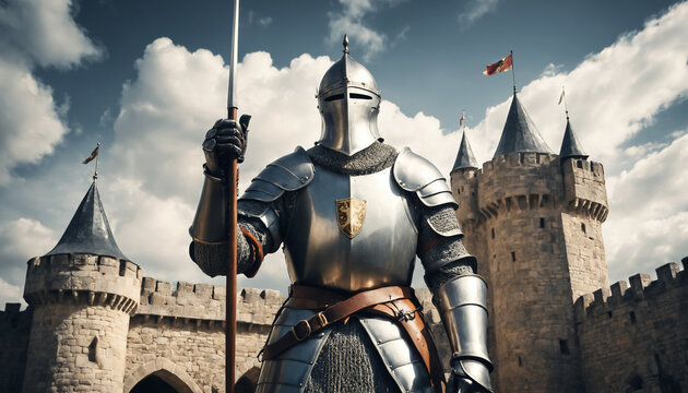 Caballero medieval en un castillo, armadura brillante, bandera ondeando, cielo nublado. Época medieval. Luchador.. Bélico.