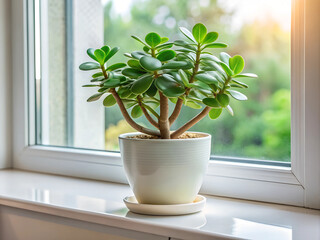 A vibrant jade plant in a white ceramic pot, placed on a windowsill with soft natural light streaming through.