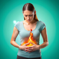 A woman experiencing heartburn, holding her stomach with a fiery flame illustration, set against a vibrant green background.