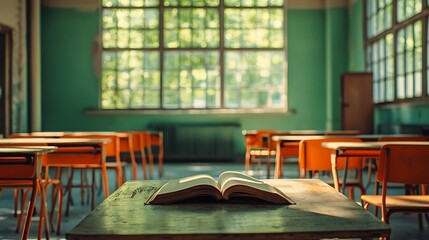 An empty high school classroom with desks and chairs, a blurred background of green walls and windows, sunlight streaming through the window, no people visible in focus. In front is an open book on