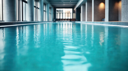 Obraz premium Indoor swimming pool with clear turquoise water, surrounded by windows and columns in a modern design setting, with tile walls and ample natural light