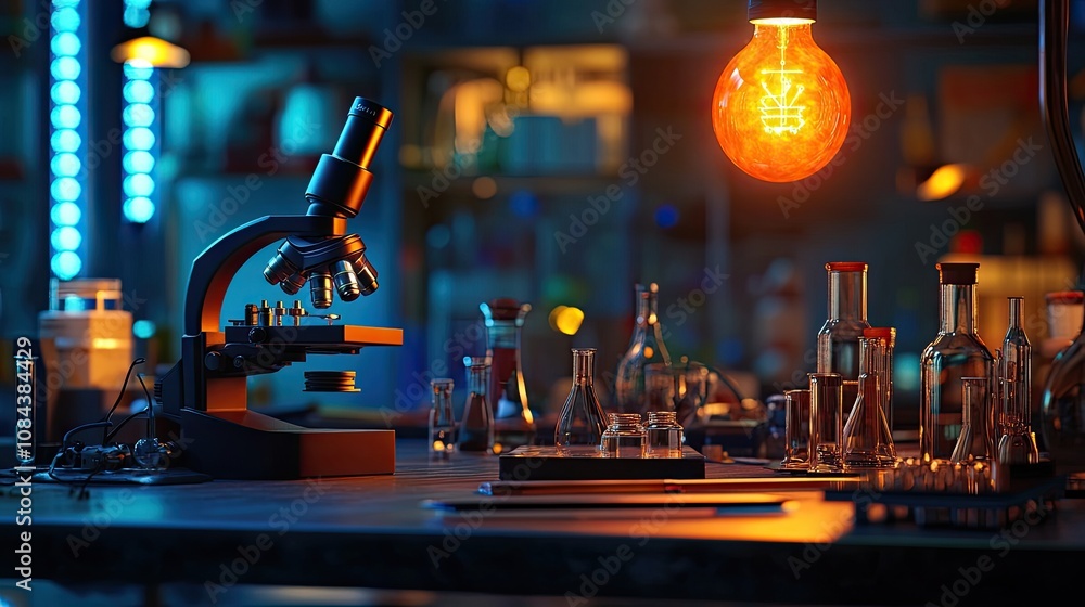 Poster here's a description and keywords for the image.. microscope, glassware, and an edison bulb illumina