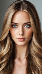 Naklejka premium Captivating beauty with striking blue eyes and flowing blonde hair exuding natural elegance indoors