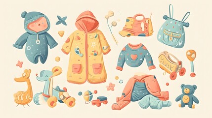 Naklejka premium Playful Newborn Baby Clothes and Toys Illustration